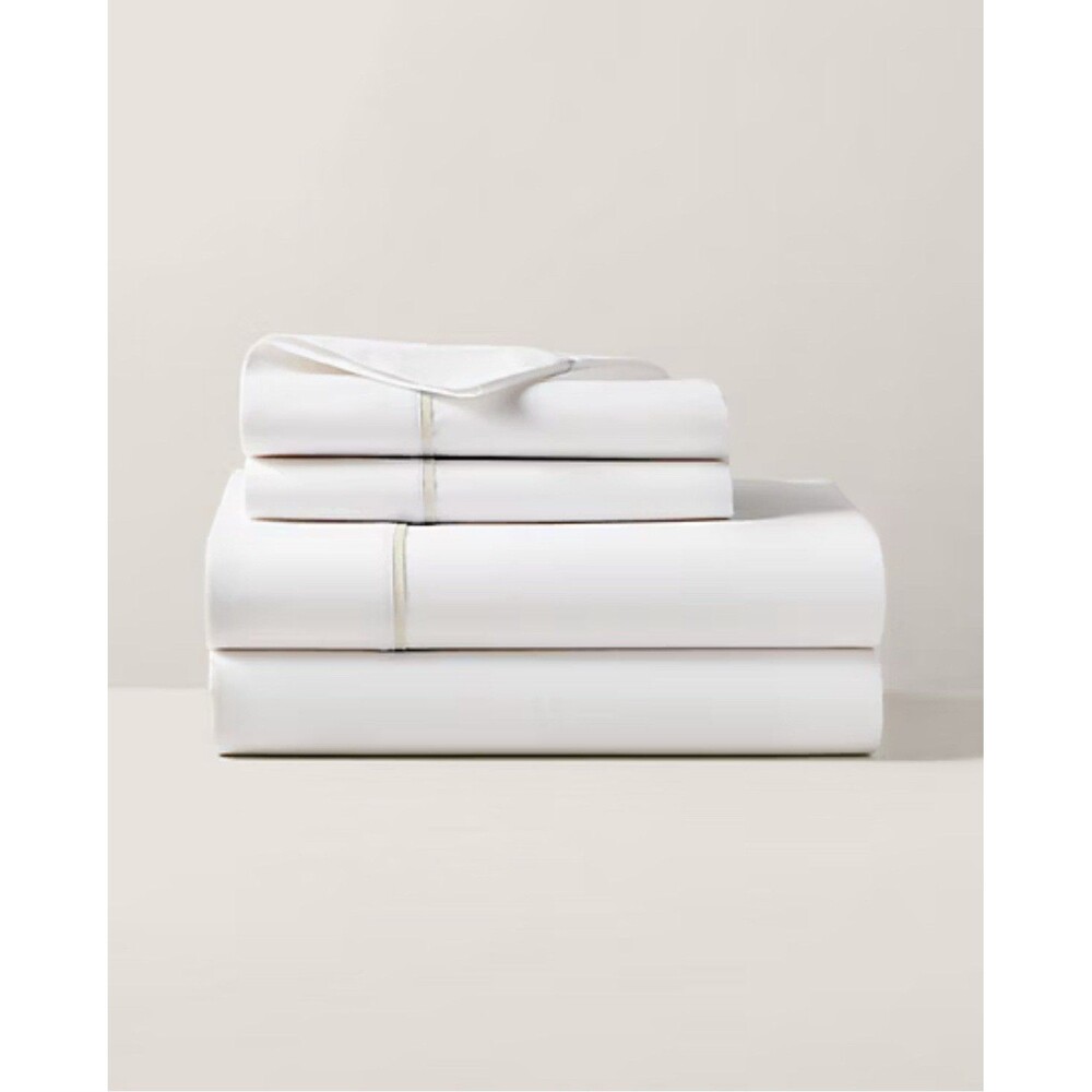 Ralph Lauren Organic Cotton Percale Palmer Full Flat Sheet $150 White/Sand Dune